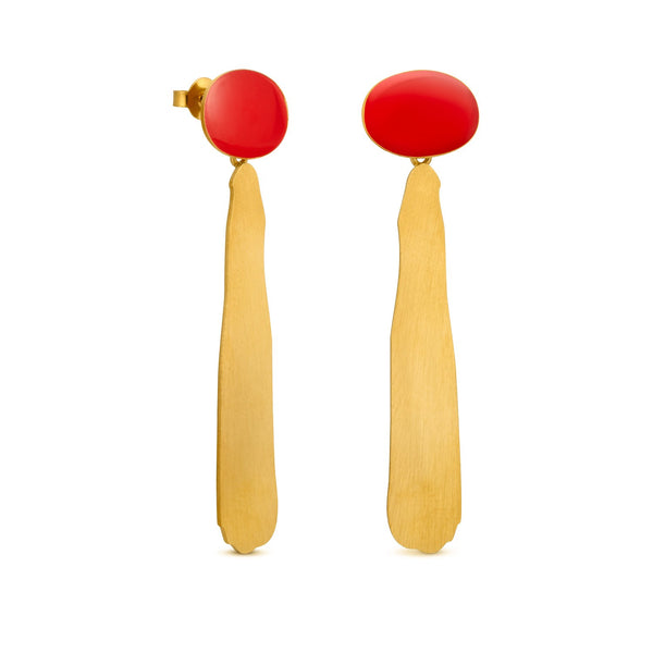 Long gilded brass drop earrings with red enamel, after Miró's Parler seul
