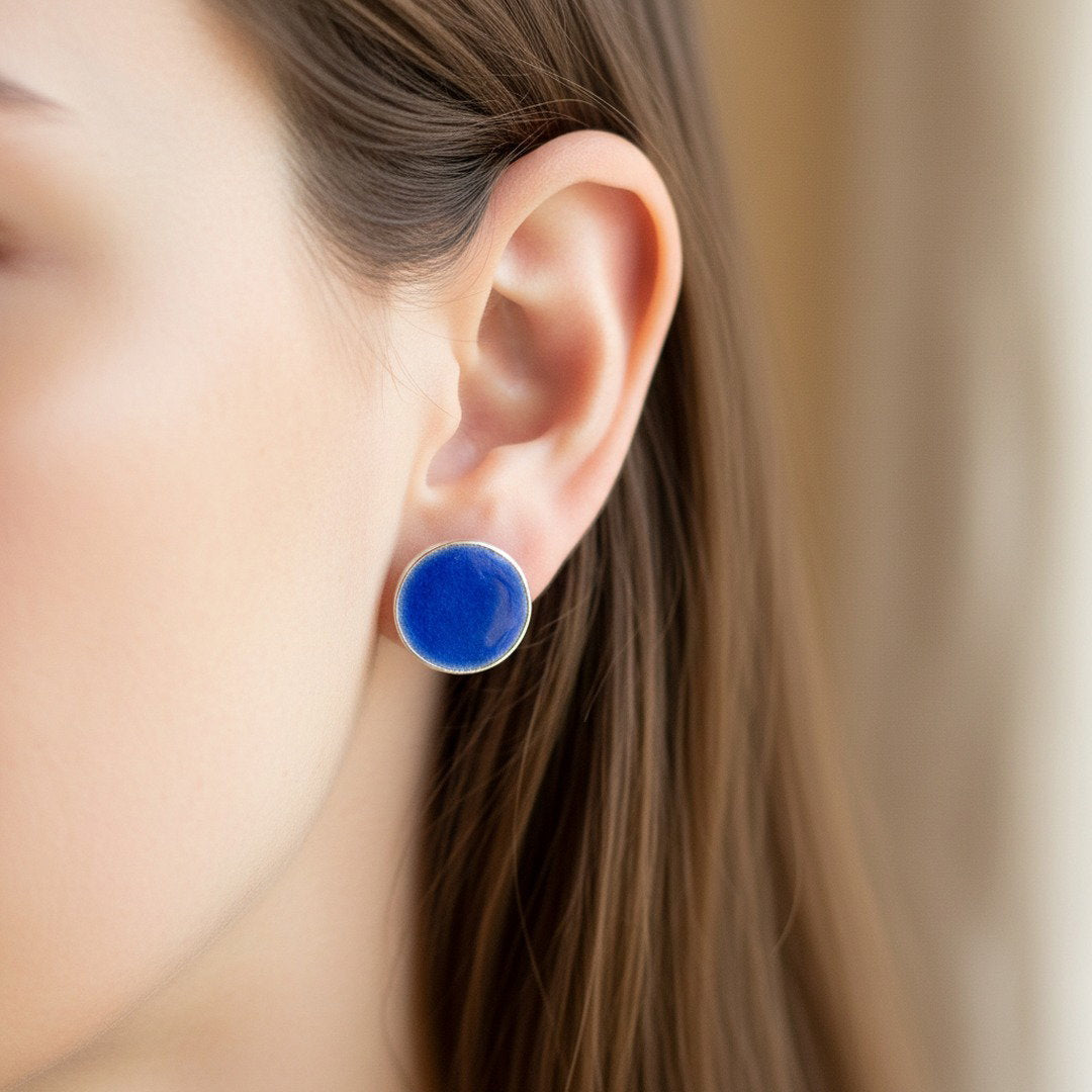 Blue Dot Enamel Silver Studs