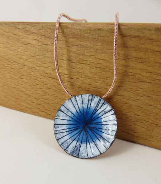 Euclid Collection - Hand-Drawn Waterpool Enamel and Copper Pendant with a Drawn Lines.