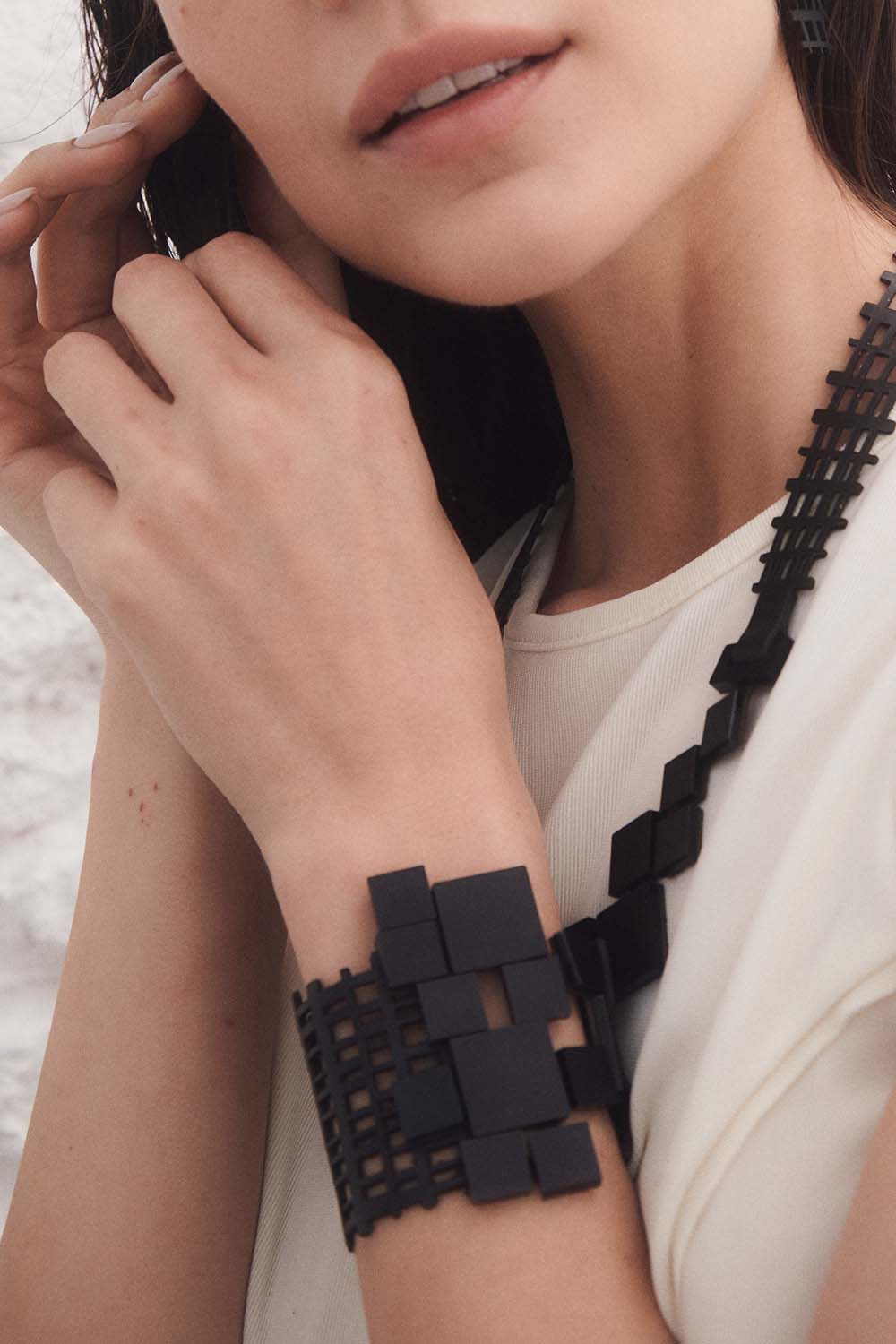 Iskin Bauhaus Bracelet (Squares of Black) – Leather, Acrylic – Atelier Modernista
