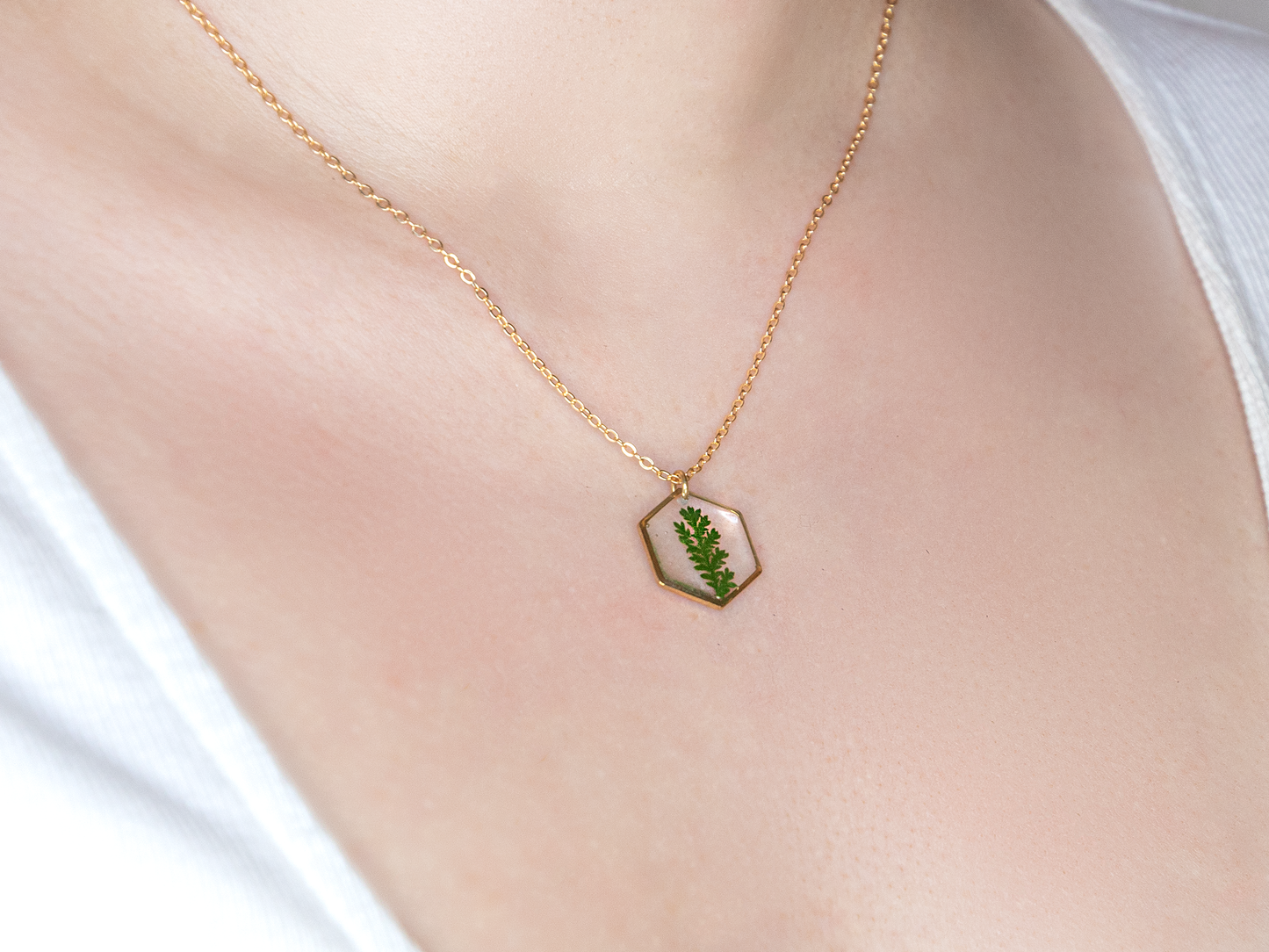 Axiom in Green: Hexagon + Fern Necklace - Gold – 24K Gold-plated brass chain, bezel and findings… – Atelier Modernista