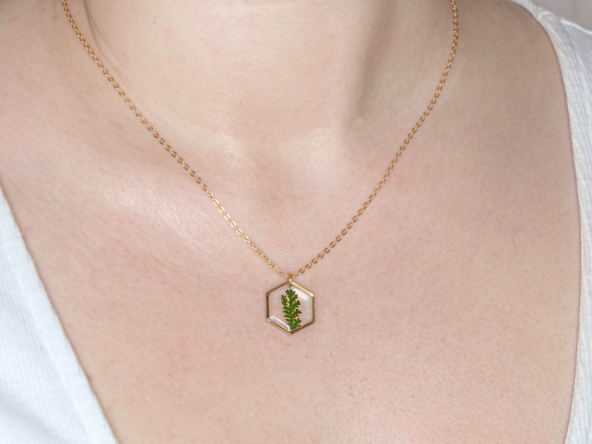 Axiom in Green - Hexagon Fern Necklace - Silver – Silver-plated brass chain, bezel and findings… – Atelier Modernista