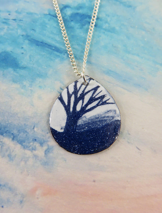 Hand-Drawn Blue and White Tree Necklace on Small Copper Disc


