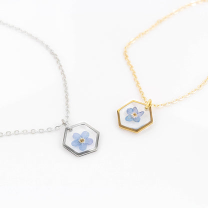 Axiom in Blue: Hexagon Forget-Me-Not Necklace - Silver – Silver:, Silver plated brass cable chain… – Atelier Modernista