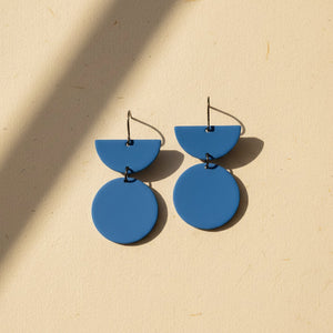 Bauhaus Earrings - Modernist Blue – Geometric circle and semi-circle of powder-coated aluminium – Atelier Modernista