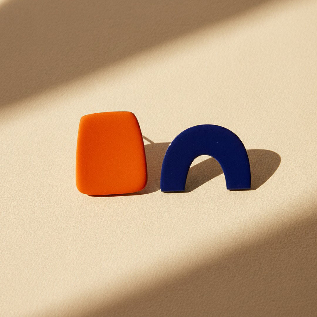 Architect Earrings - Deep Orange and Blue Enamel