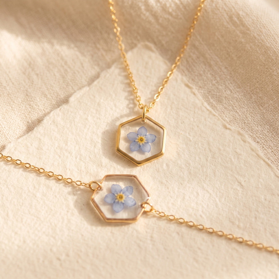 Axiom in Blue: Hexagon Forget-Me-Not Necklace - Gold – Gold:, 24k Gold plated brass chain… – Atelier Modernista