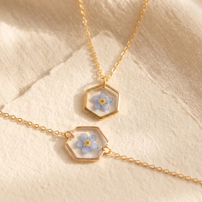 Axiom in Blue: Hexagon Forget-Me-Not Necklace - Gold – Gold:, 24k Gold plated brass chain… – Atelier Modernista