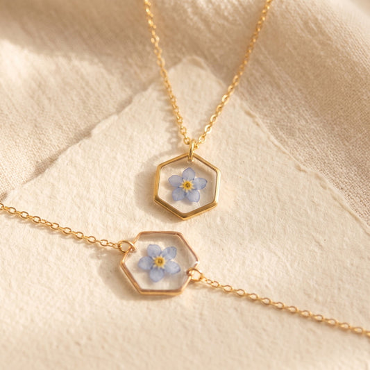 Axiom in Blue: Hexagon Forget-Me-Not Necklace - Gold – Gold:, 24k Gold plated brass chain… – Atelier Modernista