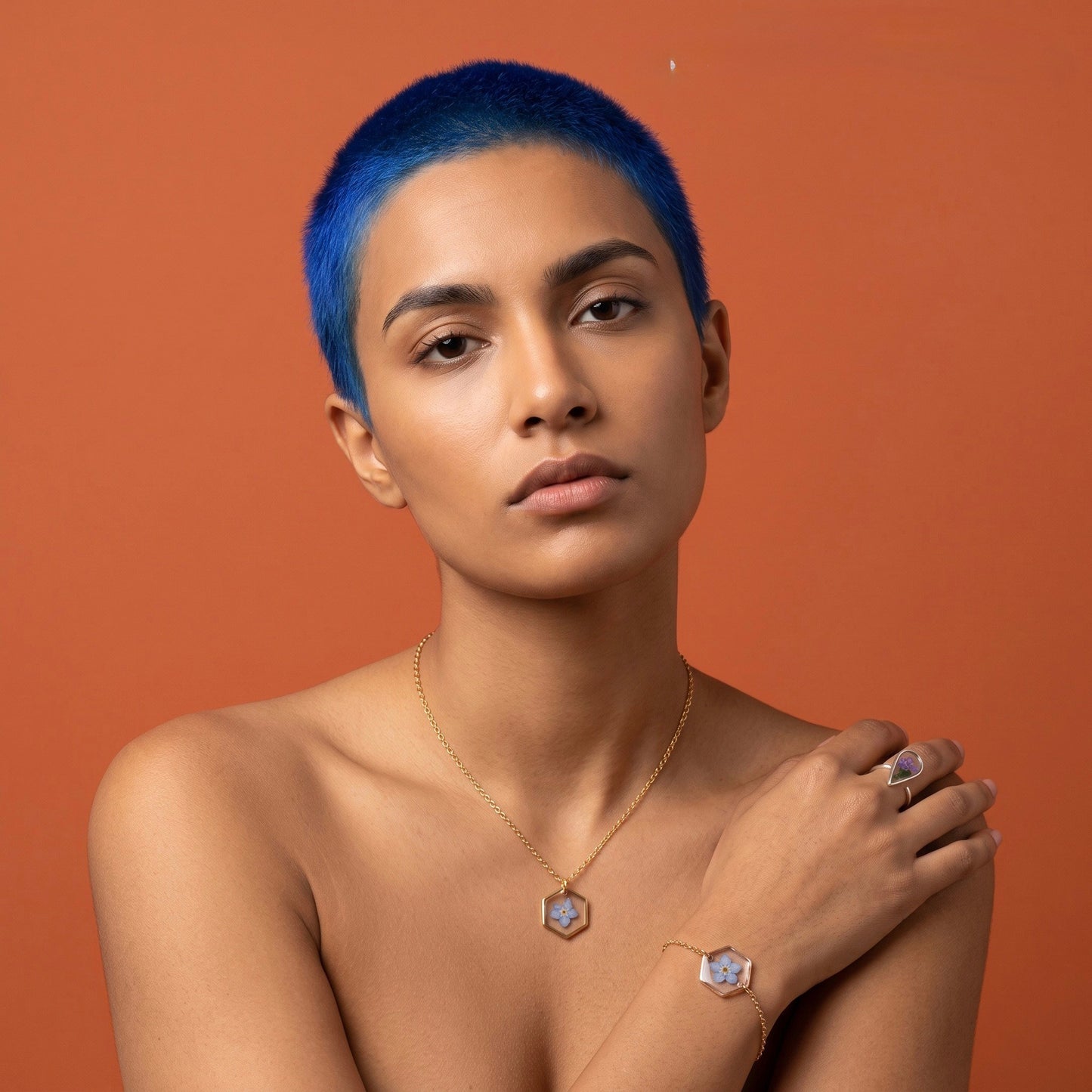 Axiom in Blue: Hexagon Forget-Me-Not Necklace - Gold – Gold:, 24k Gold plated brass chain… – Atelier Modernista