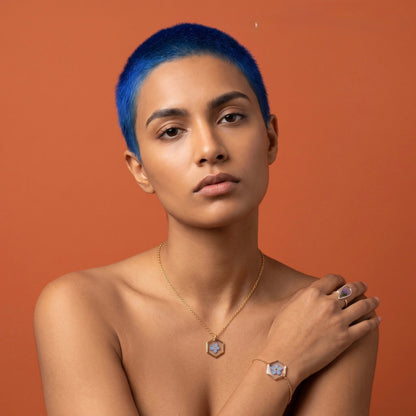 Axiom in Blue: Hexagon Forget-Me-Not Necklace - Gold – Gold:, 24k Gold plated brass chain… – Atelier Modernista