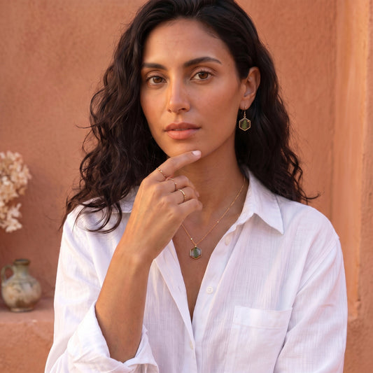 Axiom in Green: Hexagon + Fern Necklace - Gold – 24K Gold-plated brass chain, bezel and findings… – Atelier Modernista