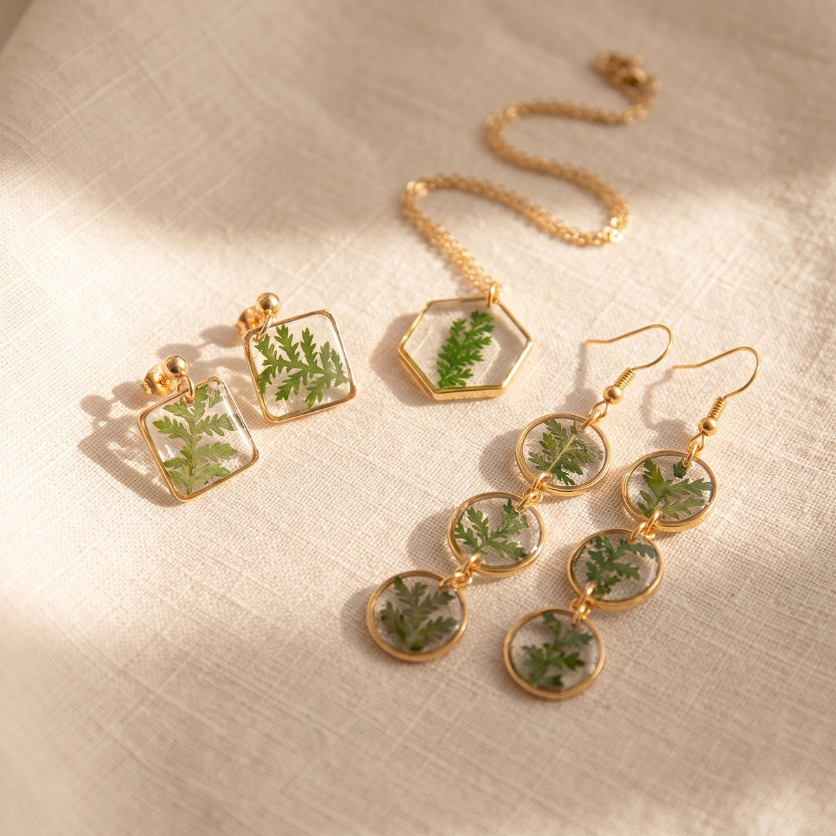 Axiom in Green: Fern Trio Earrings - Gold – 24K Gold-plated brass chain, bezel and findings… – Atelier Modernista