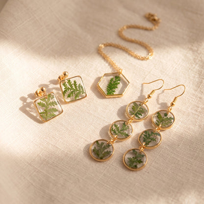 Axiom in Green: Fern Trio Earrings - Gold – 24K Gold-plated brass chain, bezel and findings… – Atelier Modernista