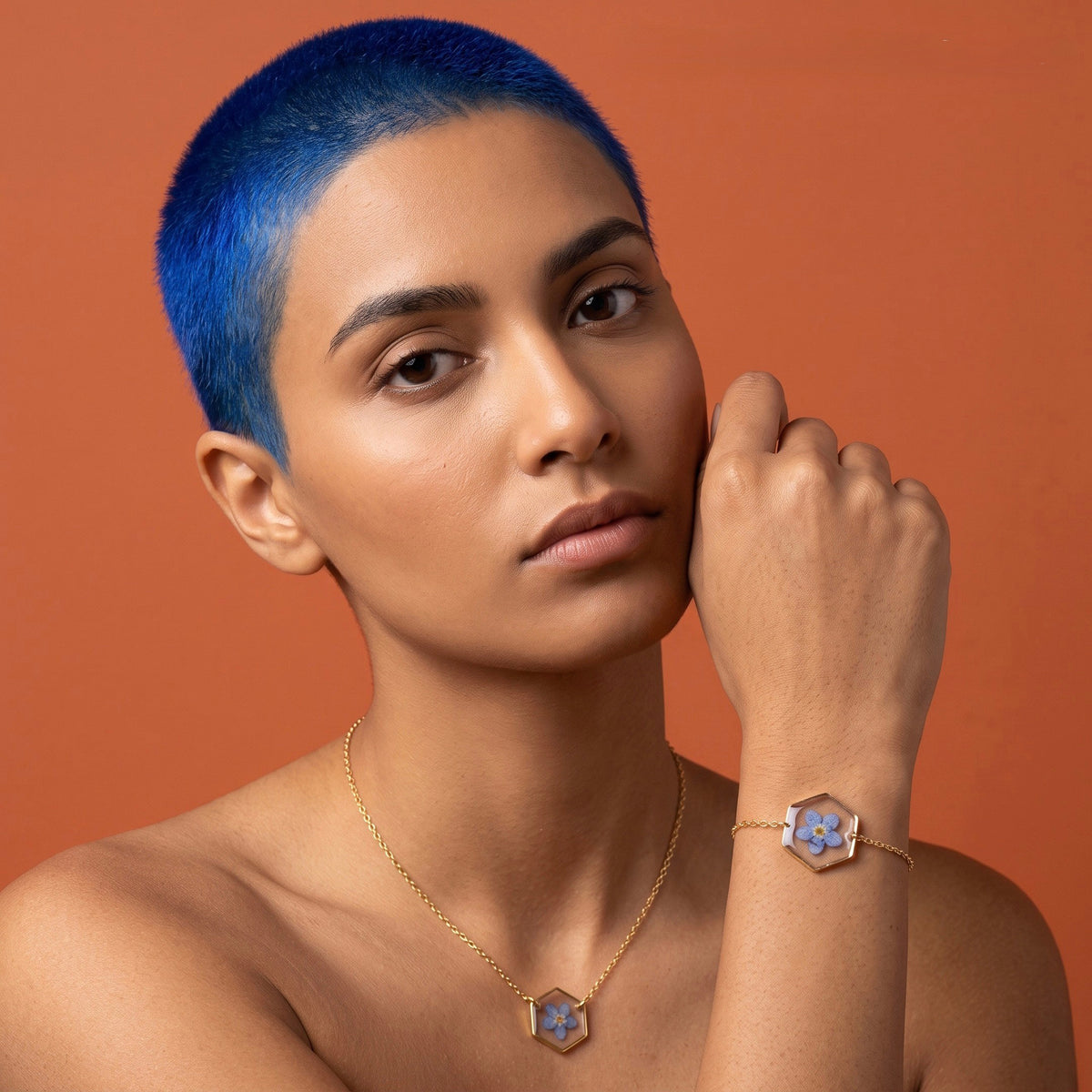 Axiom in Blue Hexagon Forget-Me-Not Bracelet - Gold – 24K Gold-plated brass chain, bezel and findings… – Atelier Modernista