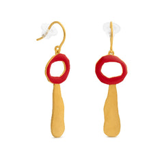 Gilded brass hook drop earrings with red enamel, after Miró's Untitled, 1949