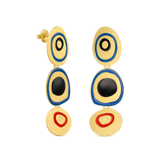 Coloured Circles gilded brass drop earrings, after Miró's L'Étrangère