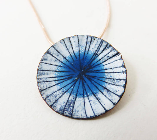 Euclid Collection - Hand-Drawn Waterpool Enamel and Copper Pendant with a Drawn Lines.