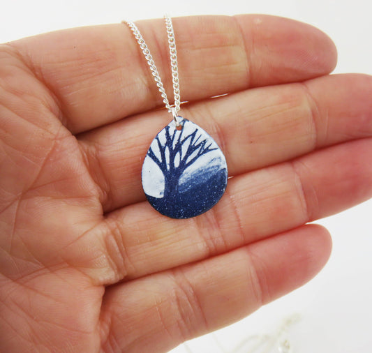 Copper Disc Necklace with Hand-Painted Tree Design on 18-inch Silver Chain
