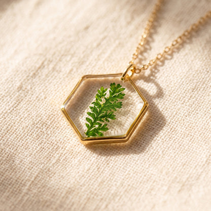 Axiom in Green: Hexagon + Fern Necklace - Gold – 24K Gold-plated brass chain, bezel and findings… – Atelier Modernista