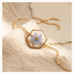 Axiom in Blue Hexagon Forget-Me-Not Bracelet - Gold – 24K Gold-plated brass chain, bezel and findings… – Atelier Modernista