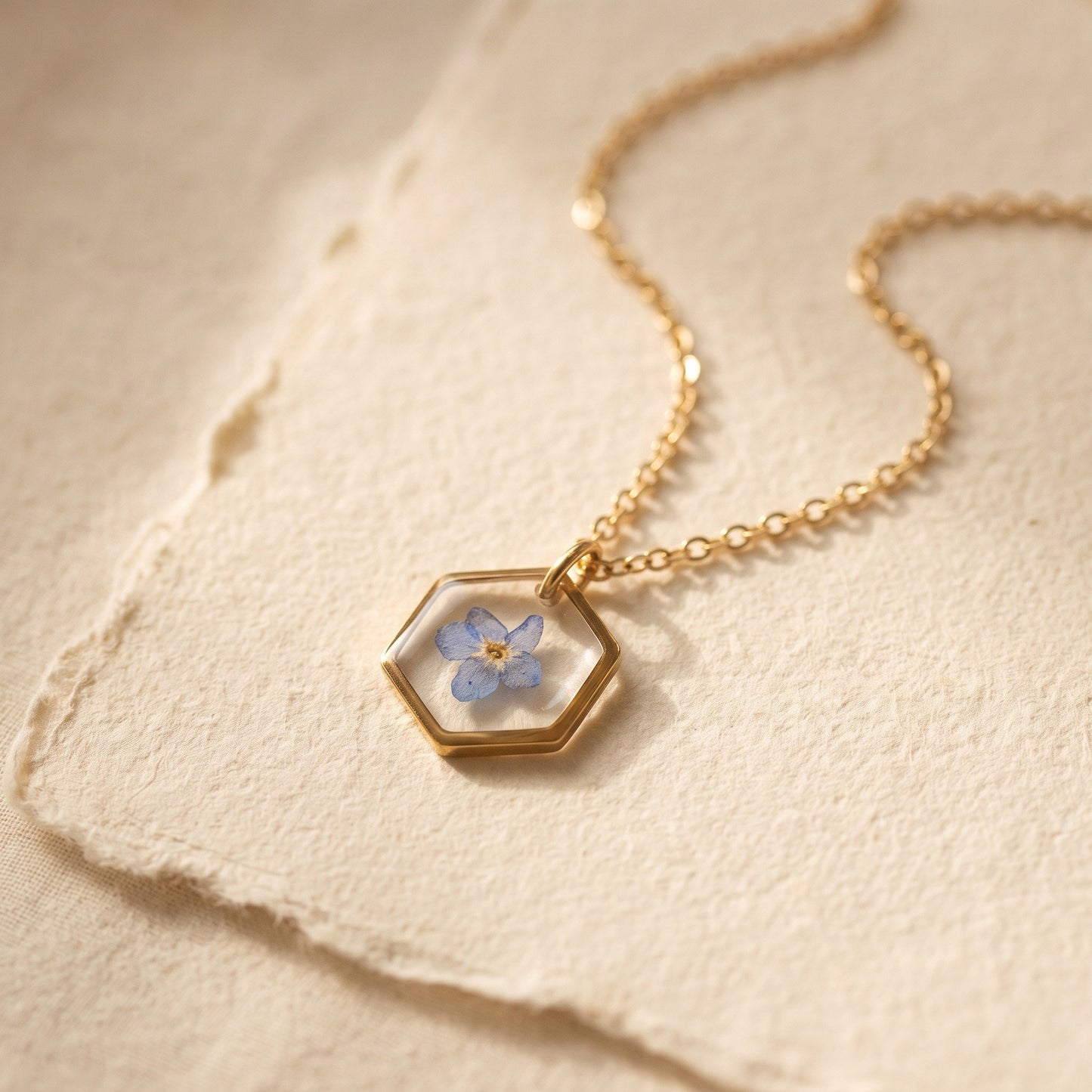 Axiom in Blue: Hexagon Forget-Me-Not Necklace - Gold – Gold:, 24k Gold plated brass chain… – Atelier Modernista