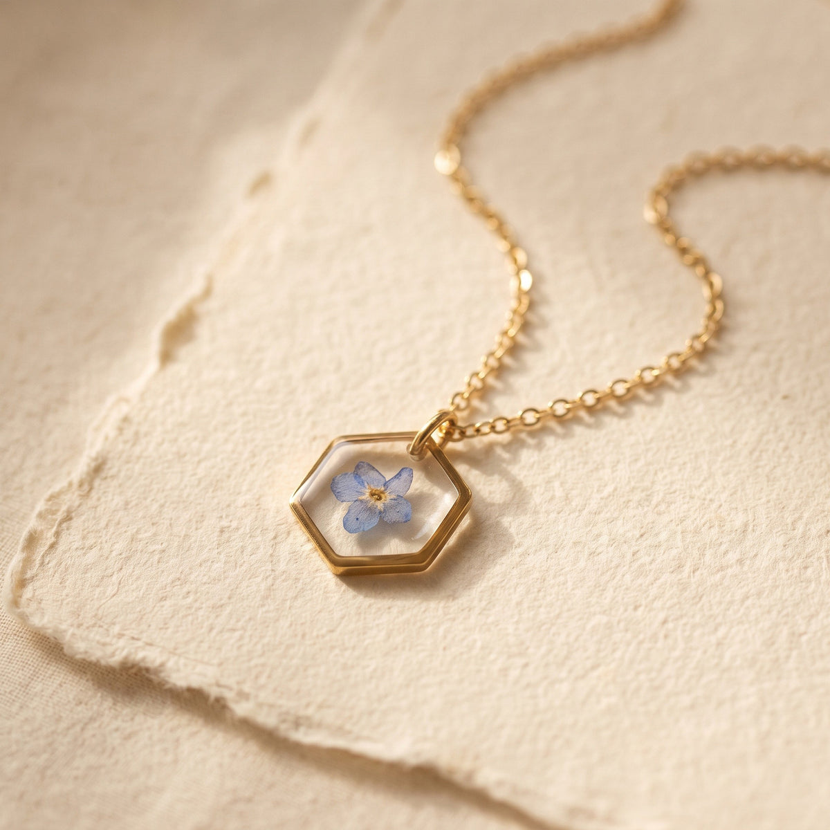 Axiom in Blue: Hexagon Forget-Me-Not Necklace - Gold – Gold:, 24k Gold plated brass chain… – Atelier Modernista