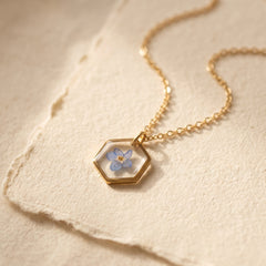 Axiom in Blue: Hexagon Forget-Me-Not Necklace - Gold – Gold:, 24k Gold plated brass chain… – Atelier Modernista