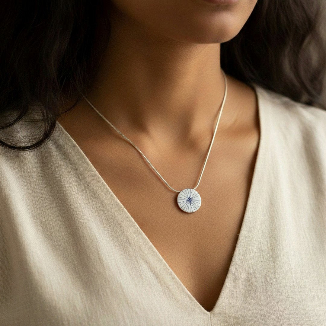 Radial Necklace  (Petite) - Blue & White Enamel