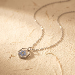 Axiom in Blue: Hexagon Forget-Me-Not Necklace - Silver – Silver:, Silver plated brass cable chain… – Atelier Modernista