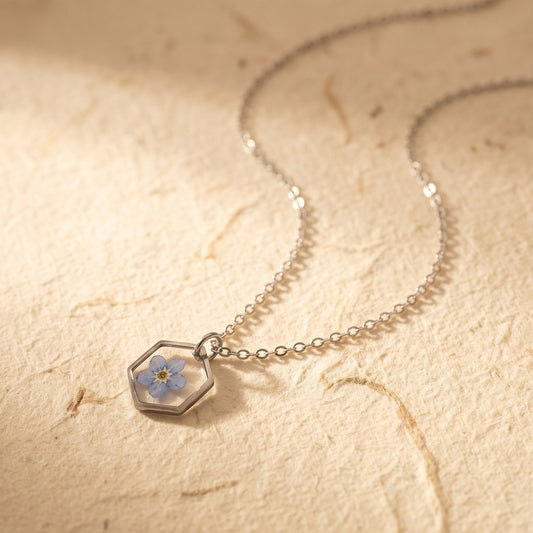 Axiom in Blue: Hexagon Forget-Me-Not Necklace - Silver – Silver:, Silver plated brass cable chain… – Atelier Modernista